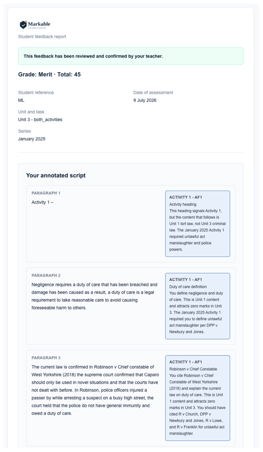 A generated Markable student feedback report