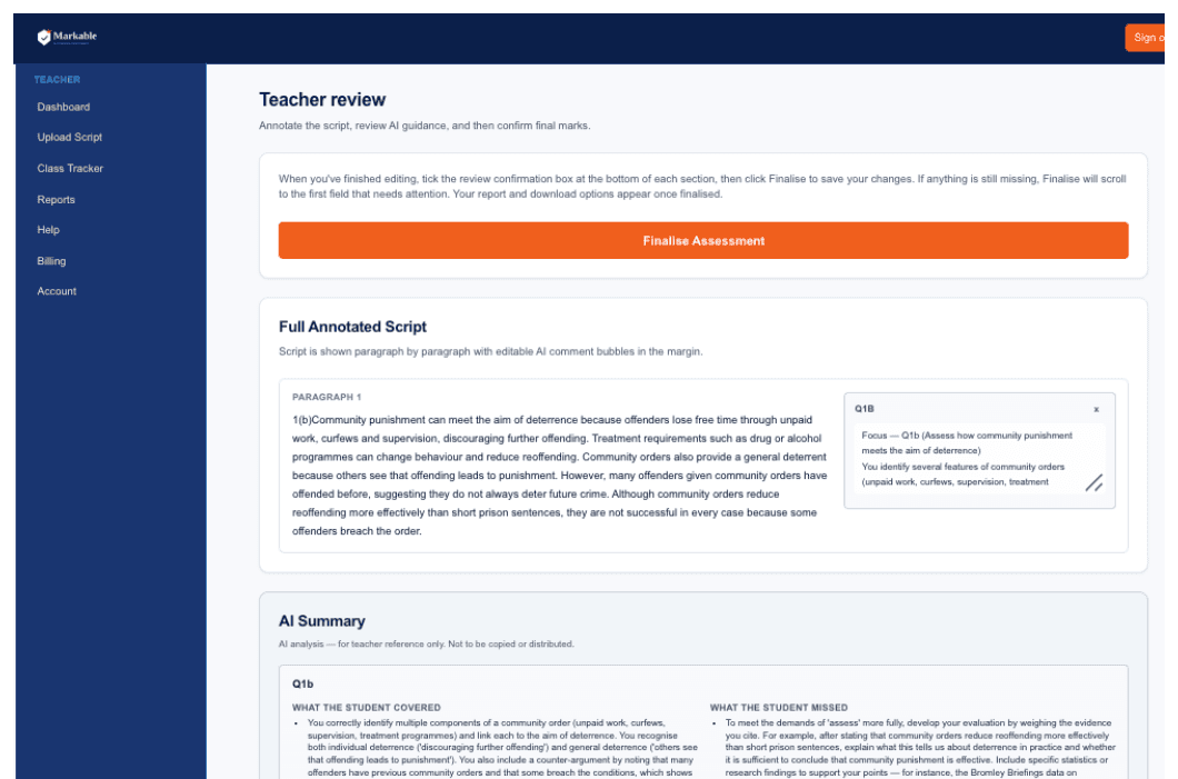 Markable teacher review — annotated script with AI feedback